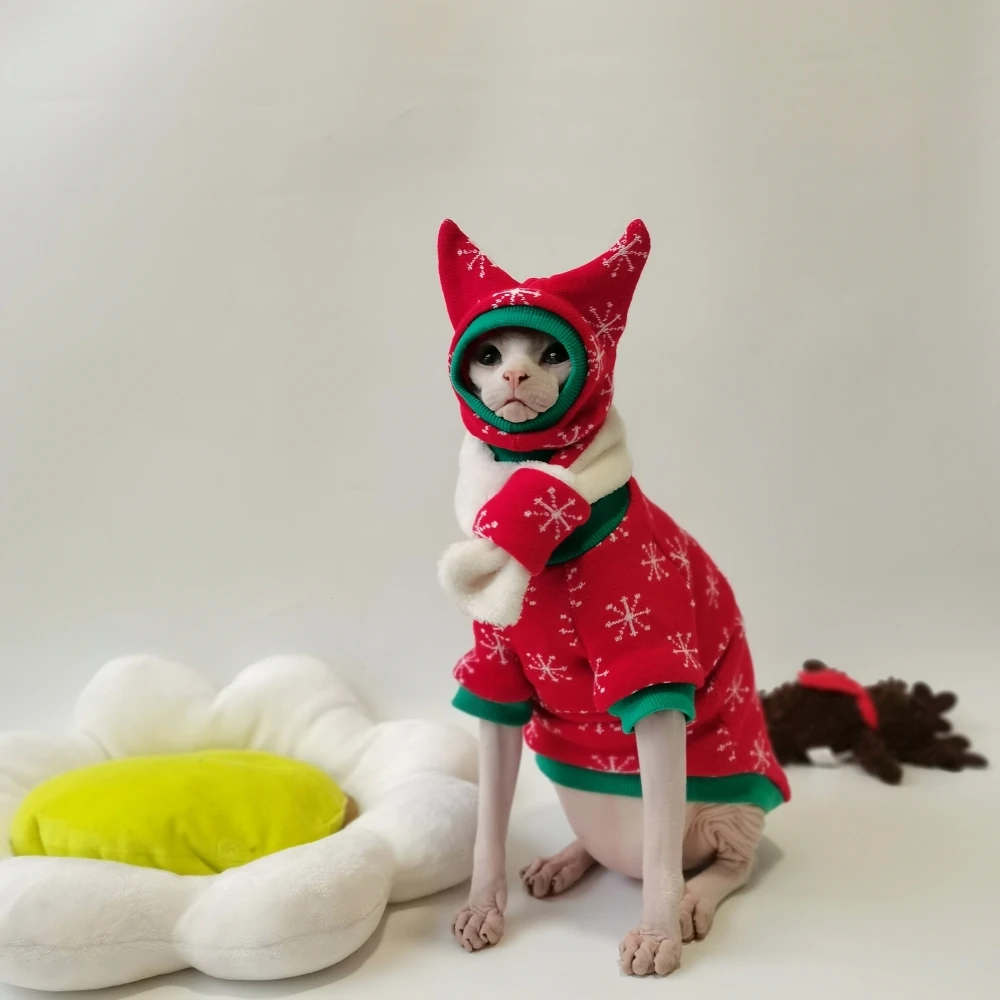 

New Christmas Snow Suit Clothes for Sphynx Cat Warm Sweater for Hairless Cat Winter Coat Fleece Jacket for Devon Rex Pet Product