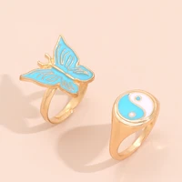 simple 2 pcsset blue alloy butterfly gossip ring for women personality jewelry