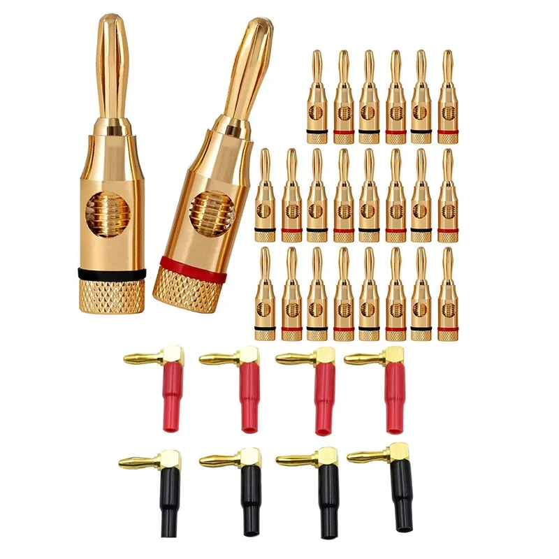 

32PCS Banana Plugs Open Screw 24K Gold Plated Plugs With 24K Gold Plated Screw Type Pure Copper Right Angle Banana Plugs