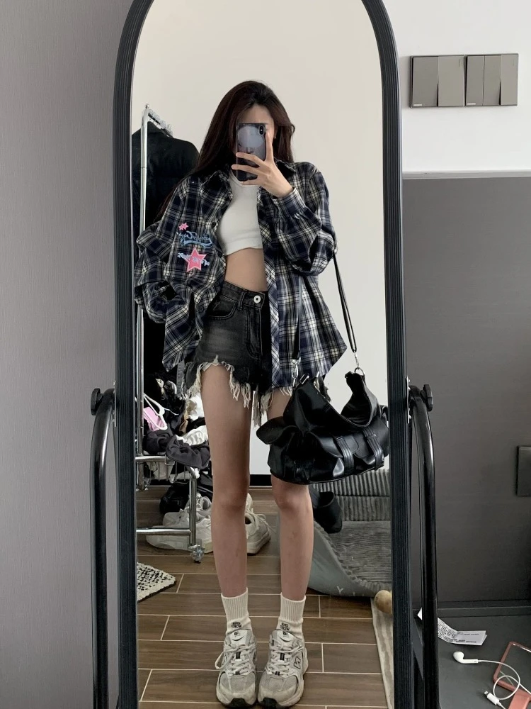 Женская винтажная клетчатая рубашка с длинным рукавом и вышивкой Y2k