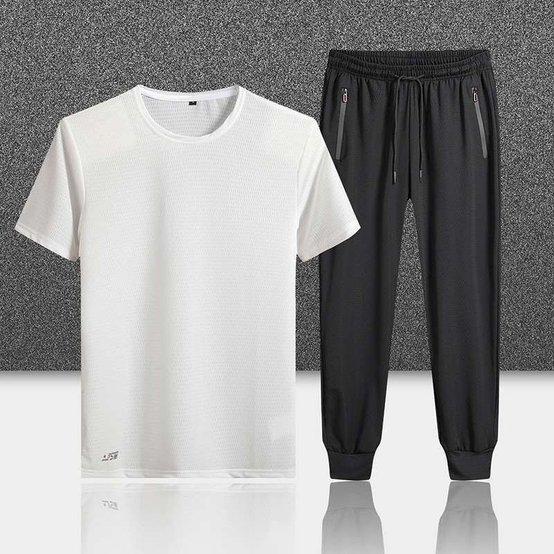 

Blank Version Suit Men's Sports Casual and Comfortable Two-Piece Short-Sleeved Trousers Ice Silk Mesh Cool and Comfortable
