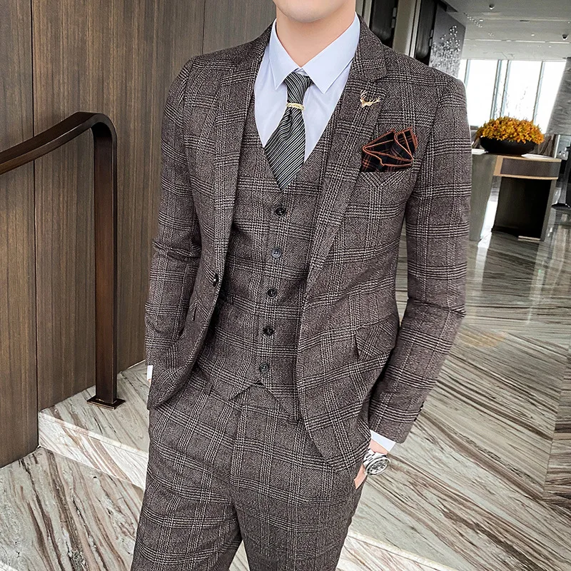 2023 (Jacket+Vest+Pants) Fashion Boutique Lattice Formal Business Mens Suit 3pcs Set Groom Wedding Dress Plaid Suit Show Stage