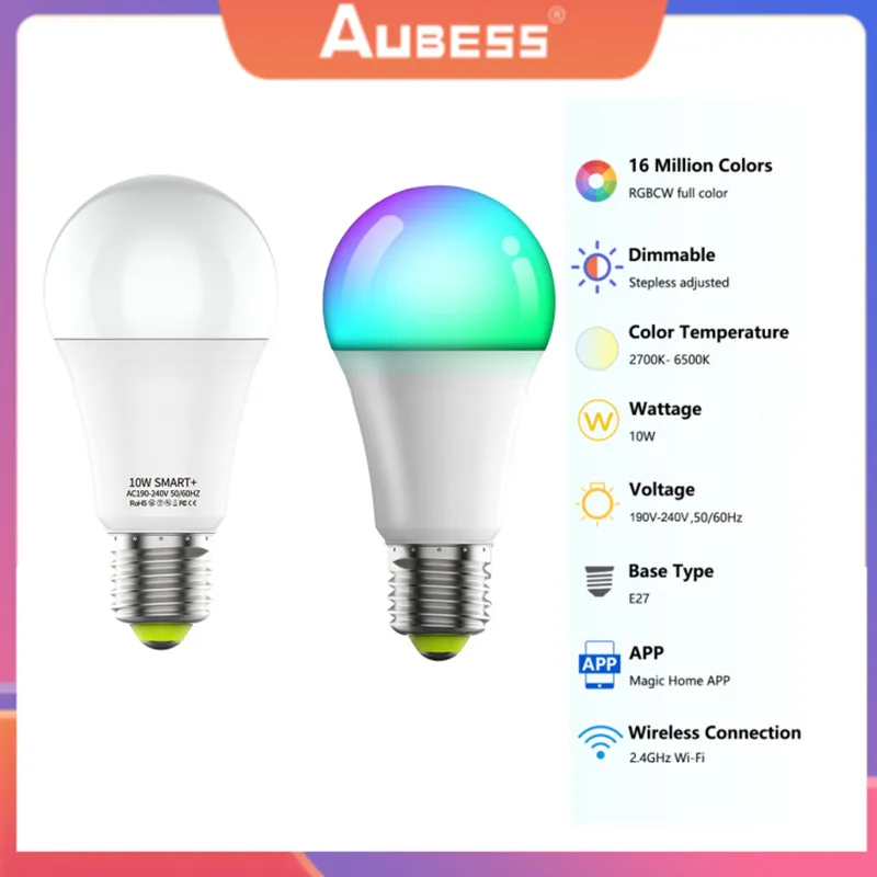 

Светодиодные смарт-светильник пы RGB с голосовым управлением, Wi-Fi, E27, умная лампа с регулируемой яркостью, неоновая лампа с изменением цвета д...