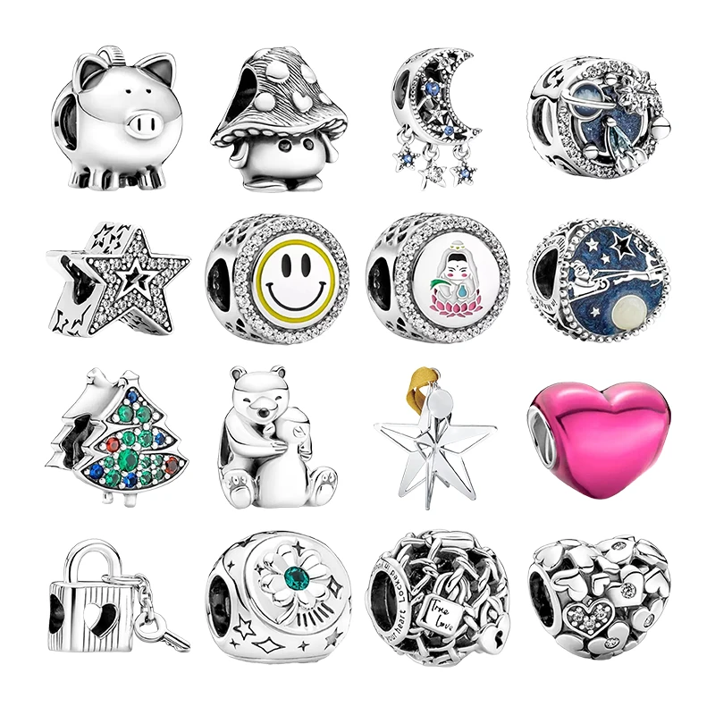 

925 Silver Beads Charms For Women Bracelets DIY Piggy Mushroom Star Moon Christmas Tree Bears Santa Reindeer Heart Padlock Key