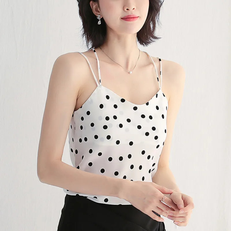 

2022 Summer Women Polka Dot Chiffon Camis V-neck Sleeveless backless Loose Women Camisole Vest Female Tops