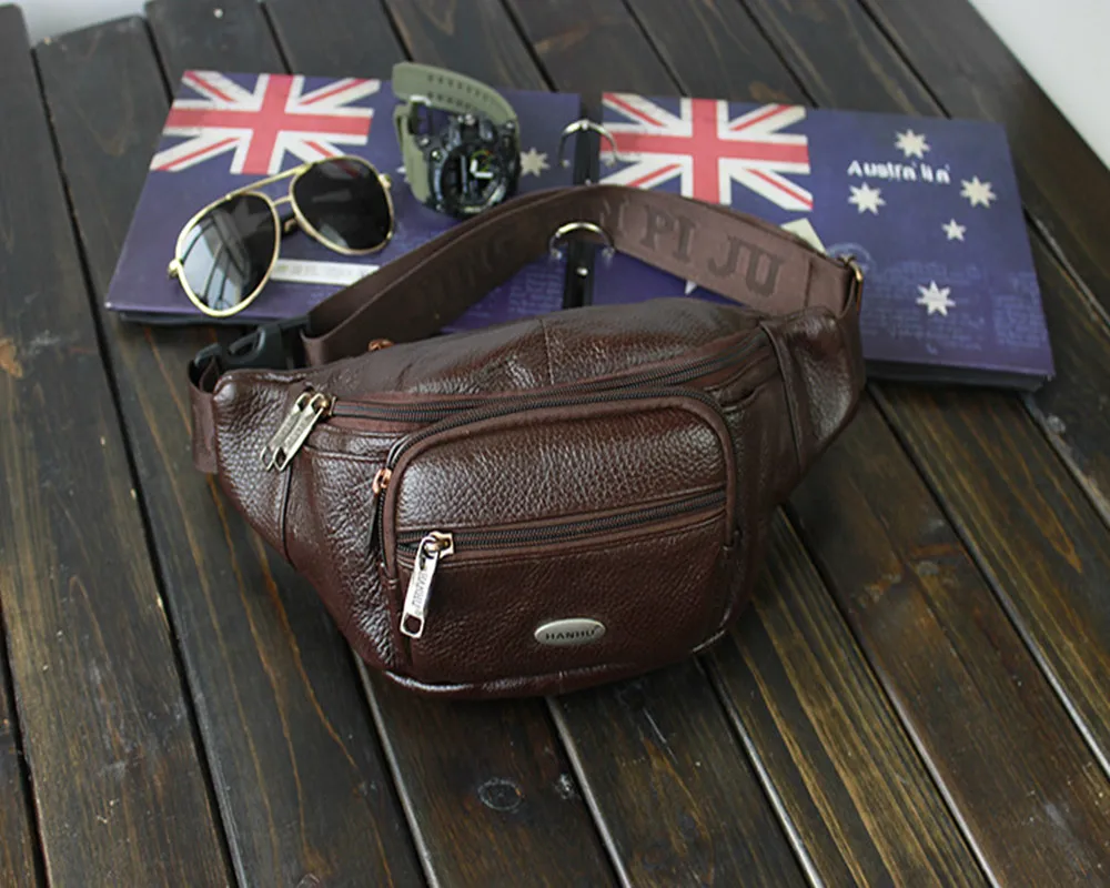 New Large Capacity Luxury Waist Bag Genuine Cowhide Leather Men Funny Pack Belt Bag Phone Pouch Fashion Waist Pack
