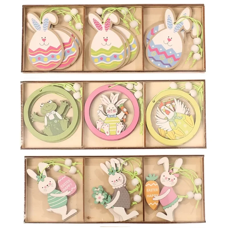 

9pcs/set Easter Rabbit Wooden Pendants Hanging Painting Bunny Wood Crafts DIY Decor Easter Decorations for Home Kids Gift 2022