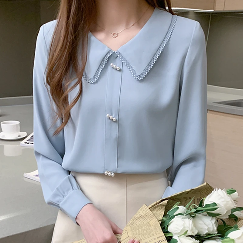 

Elegant Long Sleeve Blue Blouse Elegant Beading Loose White Shirt Female Fashion Tops Office Chiffon Blouse Women Clothing 22268