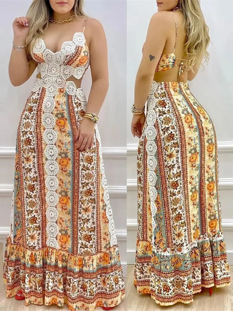 

Mandylandy, цветочный принт, контрастное Кружевное Платье макси с открытой спиной для женщин, летнее богемное длинное платье без рукавов с V-обра...