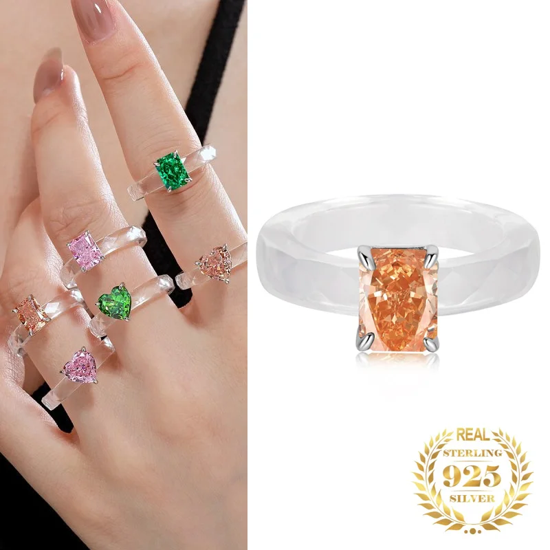 

Fashion Transparent Crystal Up Rectangle Ice Cut Ring High Carbon Diamond Heart Ring for Women Trendy Jewelry 2023 Original