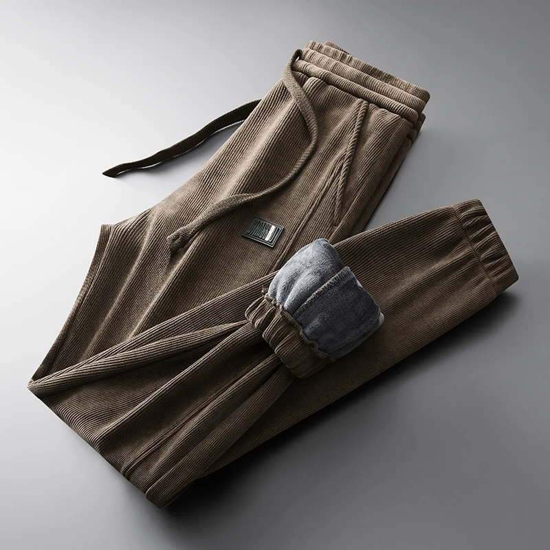 Утолщенные мужские повседневные брюки флисовые зимние новые однотонные