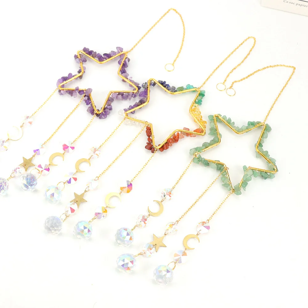 Handmade Sun Catcher Natural 7color Chakra Stone Hollow-out Stars With Alloy Moon Colorful Glass Crystal Pendant Christmas Gift