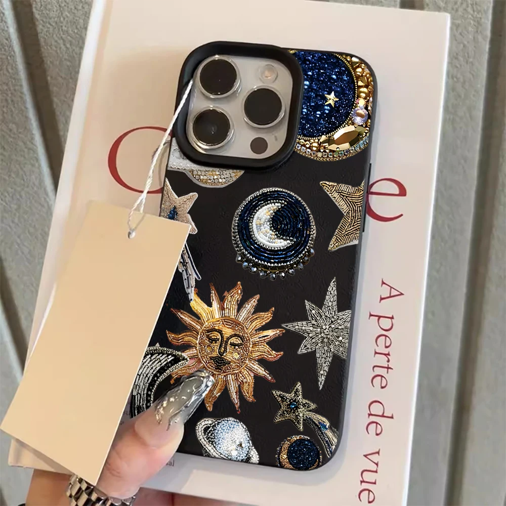 Фото Чехол Sun Moon Star с текстурой личи для iPhone 17 16 15 14 13 12 11 Pro Max, в стиле бохо, с астрологическим дизайном, противоударный, из мягкого ТПУ №4