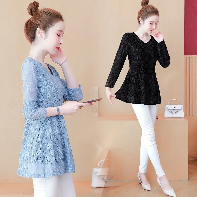 

Korean Fashion Clothing Long Sleeve Shirt Women Lace Blouse Autumn Womens Tops and Blouses Blusas Mujer L-5XL Clothing E413