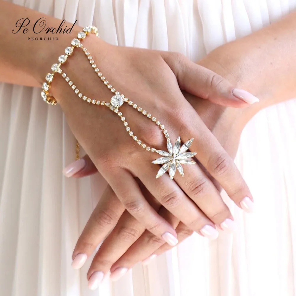 

PEORCHID 2023 Designer Bridal Hand Bracelets With Rings Rhinestone Golden/Silver Bangles For Women Crystal Wedding jewellery