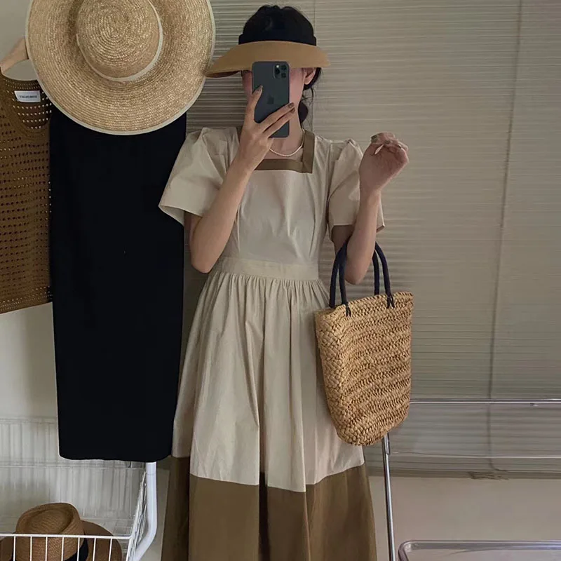 

SuperAen 2022 Summer Retro Square Collar Back Lace Up Waist Slim Puff Sleeve Contrast Patchwork Dress for Women