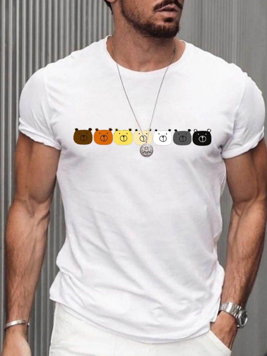 

2023 Summer Men's Printed Casual Crew Neck Short Sleeve T-Shirt Men's Rainbow Bears Print Gray T-Shirt 3D Printed T Shirt