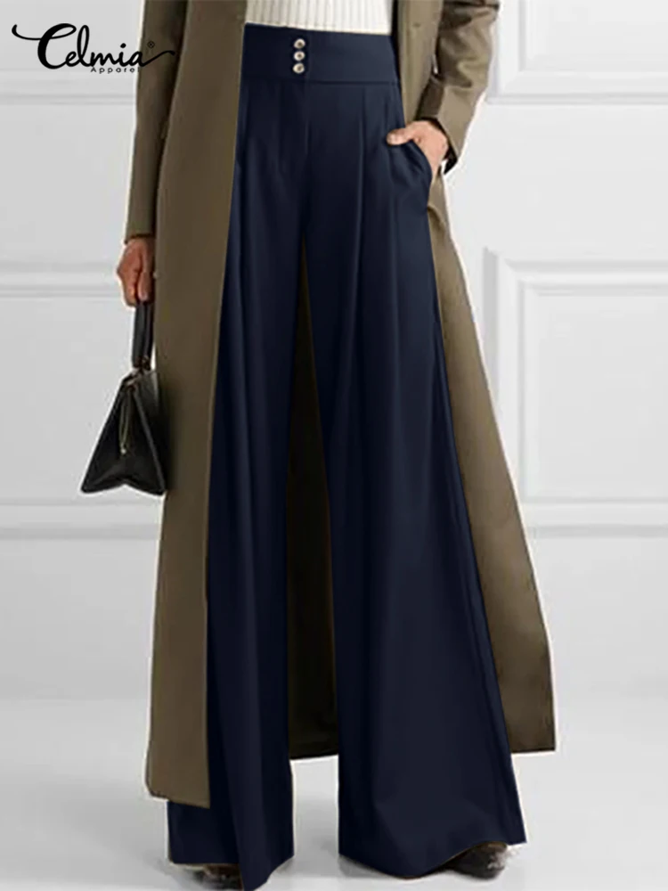 

Celmia Office Lady All-match Pocket Slack Fashion High Waist Pants Casual Loose 2022 Women Wide Leg Solid Color Pleated Trousers