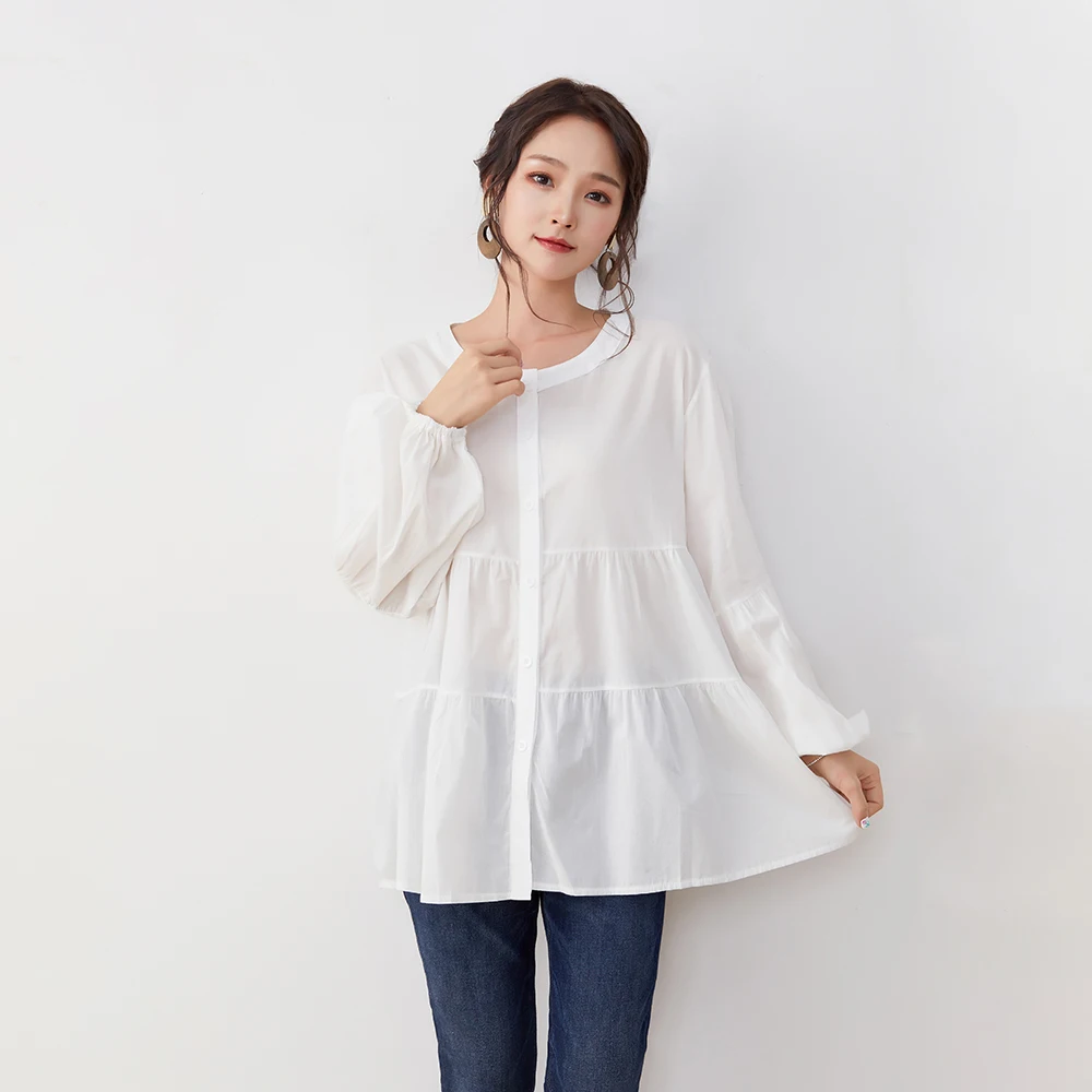 

Women White Green Casual Blouse Button Single-Breasted Fashion Loose Simple Shirt Sweet Office Lady Korean Tops Daily Streetwear