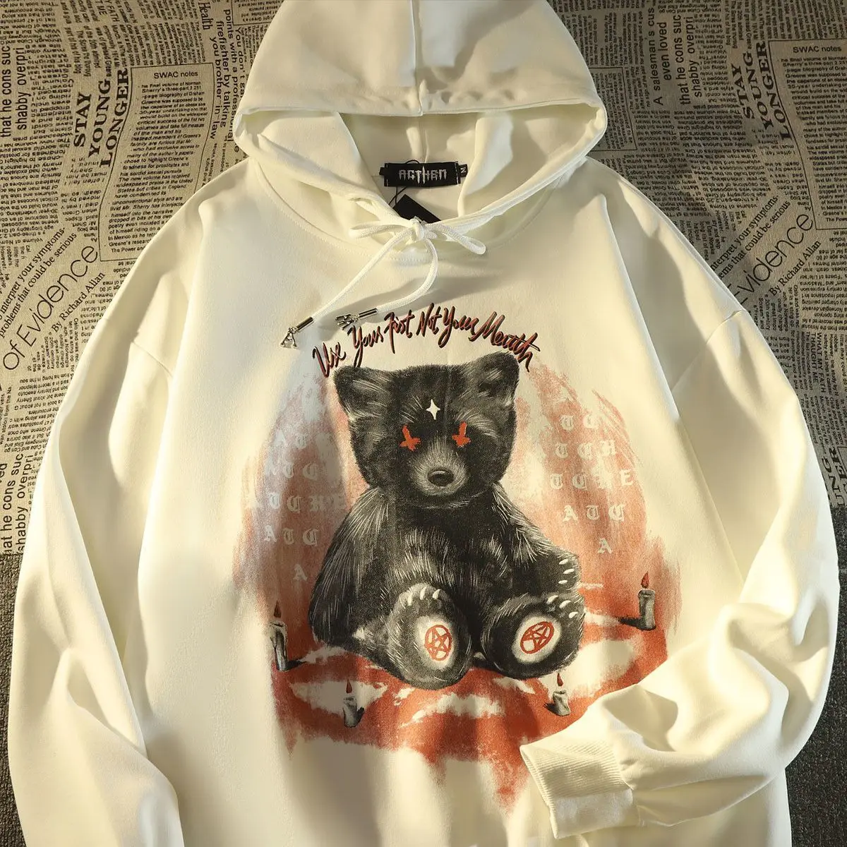 

High Street Diablo Bear Print Hooded Sweater Fall and Winter 2022 ins Loose Handsome Hooded Jacket Gothic Style Large Size 4XL