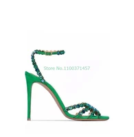 crystral peep toe sandals ankle buckle strap high thin heels green rose red solid casual spring summer woman hollow out sandals