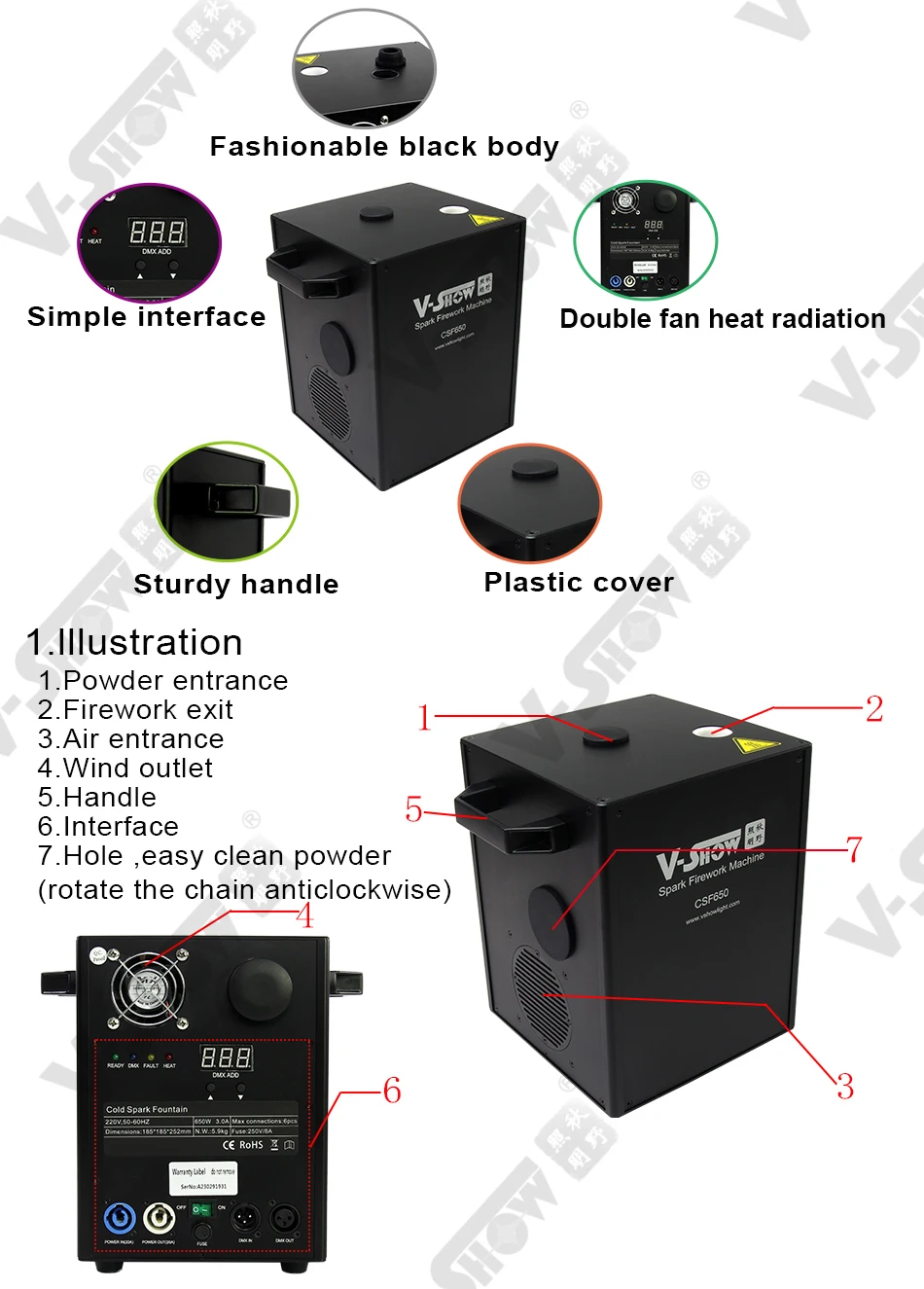 VSHOW CSF650 650 Вт мини-фейерверк DMX512 с управлением 4 шт. фотовспышкой холодный фонтан
