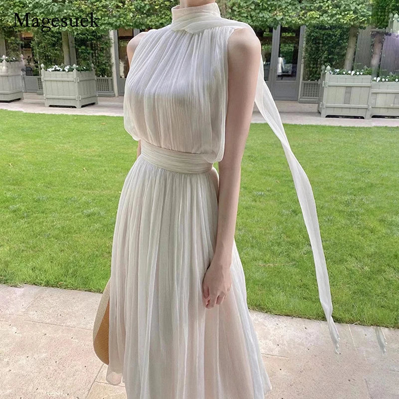 

2022 Spring Summer Holiday Dress Seaside French Style Halter Sleeveless Chiffon Long Dress White Fairy Dresses for Women 19854