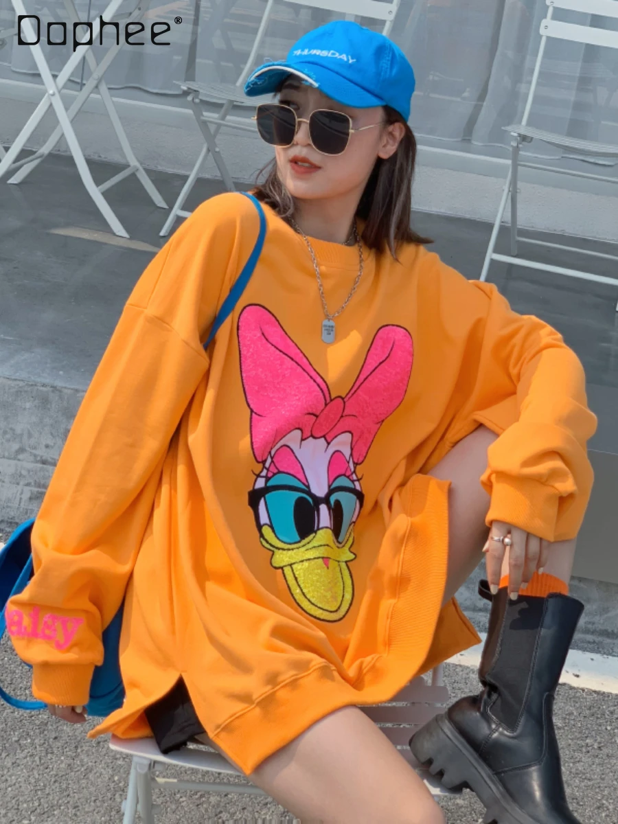 

Fall Korean Style Oversize Round Neck Sweatshirts Women Cartoon Heavy Embroidery Sequins Loose Pullover Long Sleeve Hoodies Top