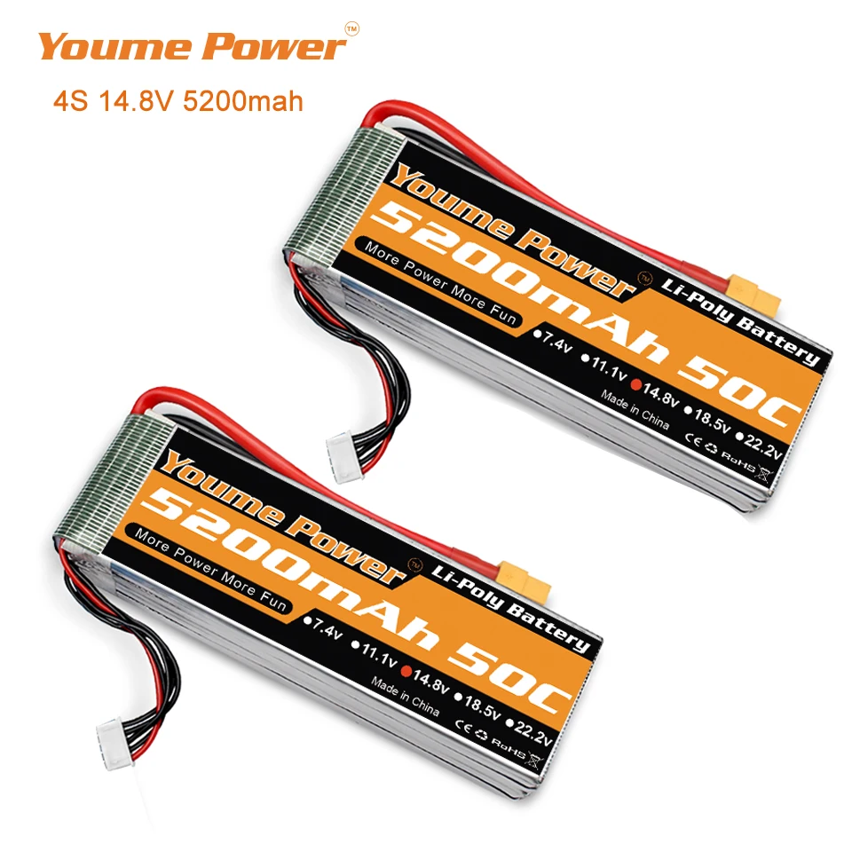 Акку аккумуляторная батарея Youme 4S Lipo 14 8 в 5200 мАч 50C RC с T-образной вилкой Deans для