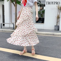 troypro 2022 new high waisted slim polka dot print mid length skirt irregular wavy chiffon material all match casual skirts