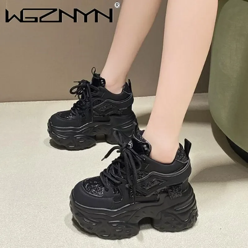 Женские кроссовки на высокой платформе 11 см блестящая кожаная спортивная обувь