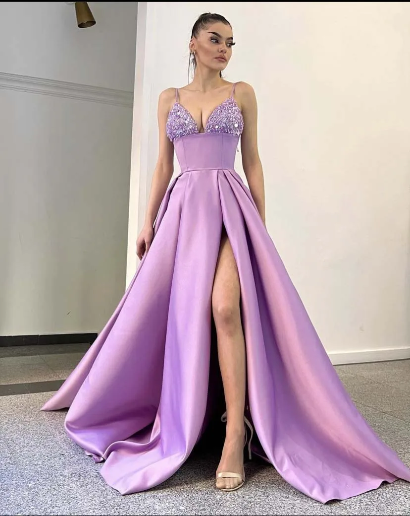 

2022 Spaghetti Strap Beaded Sequins Sleeveless A Line Thigh Prom Dresses