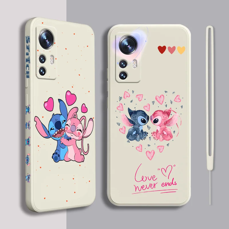 

Disney Cute Stitch Love Phone Case For Xiaomi A2 A3 6 6X 10 11X 11T 11T Pro 11i 5G 12 12X 12 Pro Liquid Left Rope Funda Cover