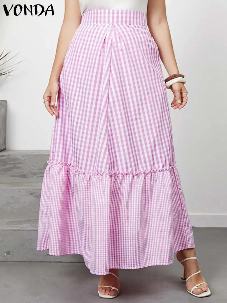 

Elegant Pleated Skirts VONDA 2022 Summer High Waist Ruffled Checked Plaid Dresses With Pockets Bohemian Streetwears