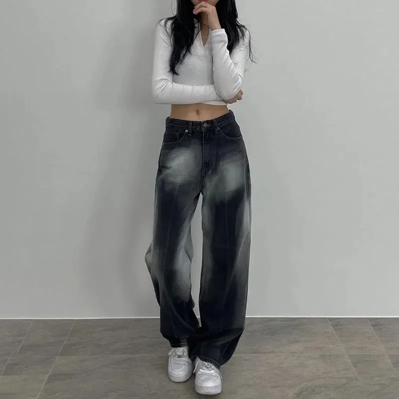 

Модные нишевые дизайнерские прямые джинсы YOUYIDE с контрастными цветами, женские свободные универсальные широкие брюки с высокой талией и несколькими карманами