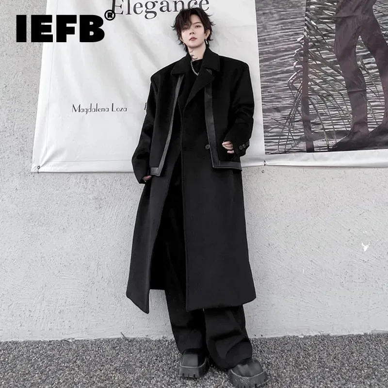 

Мужское Модное Длинное Пальто IEFB, однотонное кожаное сращенное нишевое дизайнерское свободное шерстяное пальто до колена в Корейском стиле, новинка 9C2695