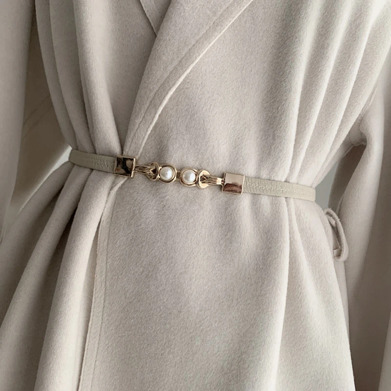 

Clothing Accessories Solid Color Belt Pearl Double Buckle Belt Decorative Belt Stylish Exquisite Elastic All-match Simplicity