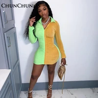 fashion contrast color spliced lapel long sleeve short dress women summer casual bodycon outfit fall pack hip crop dresses 2022