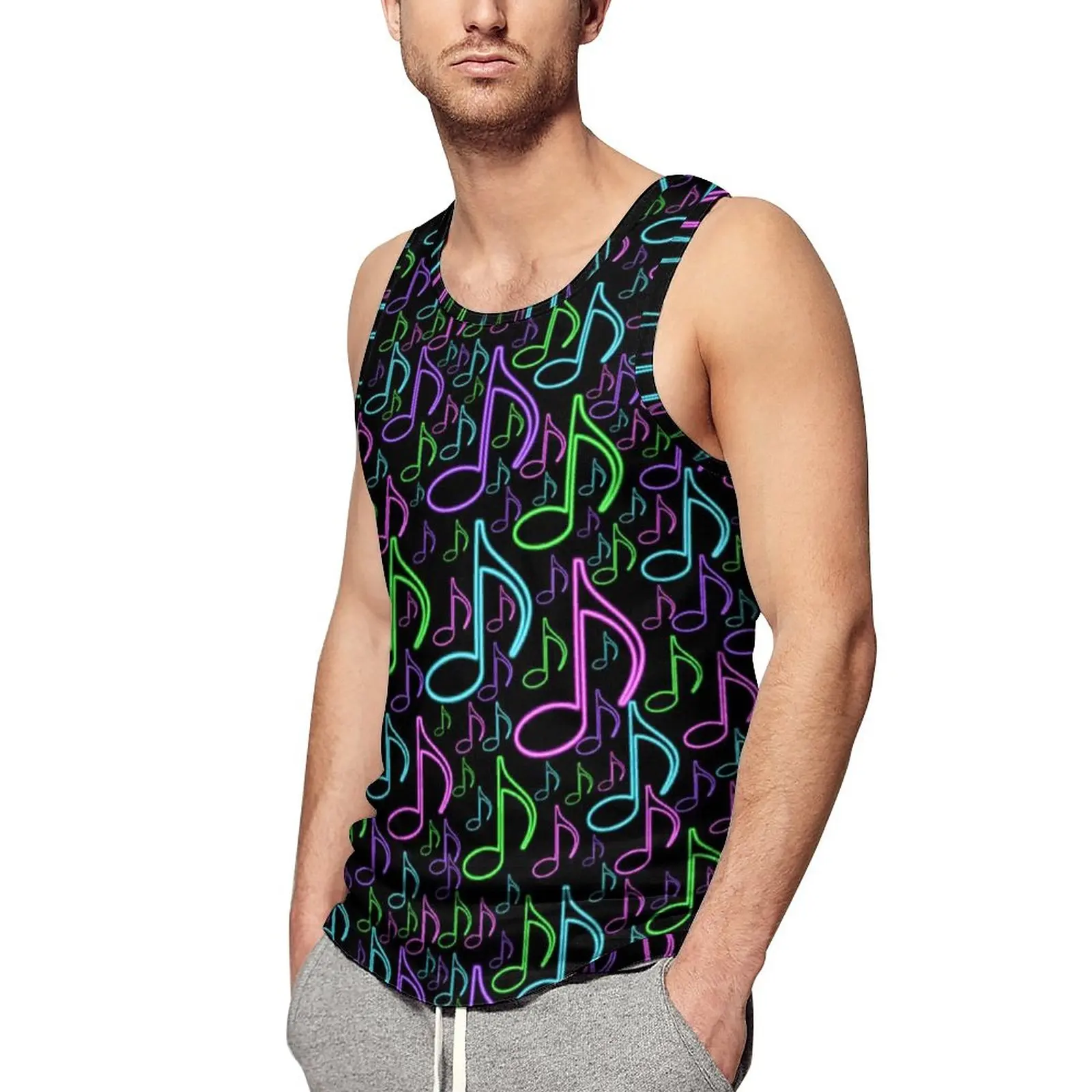 

Colorful Music Tank Top Eighth Notes Random Print Muscle Tops Summer Bodybuilding Man Design Sleeveless Vests Big Size