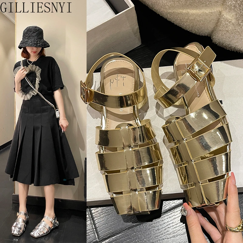 

Новинка 2022, женские сандалии на плоской подошве, модные дизайнерские плетеные женские сандалии, открытые римские сандалии с запахом, летняя...