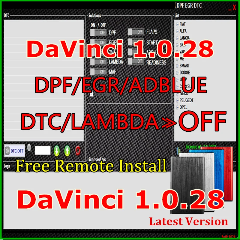 

Newest Davinci 1.0.28 PRO DPF EGR DTC FLAPS ADBLUE OFF SOFTWARE CHIPTUNING REMAPPING DAVINCI REMAP