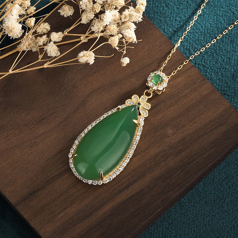 

Green Jade Water Drop Pendant 925 Silver Amulets Jewelry Accessories Chalcedony Man Charm Necklaces Carved Necklace Natural