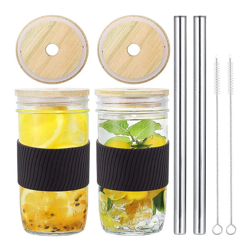 

2 Pack Wide Mouth 24Oz Mason Jars Drinking Glasses,Mason Jar Cups With Bamboo Lids White Silicone Sleeve Covers