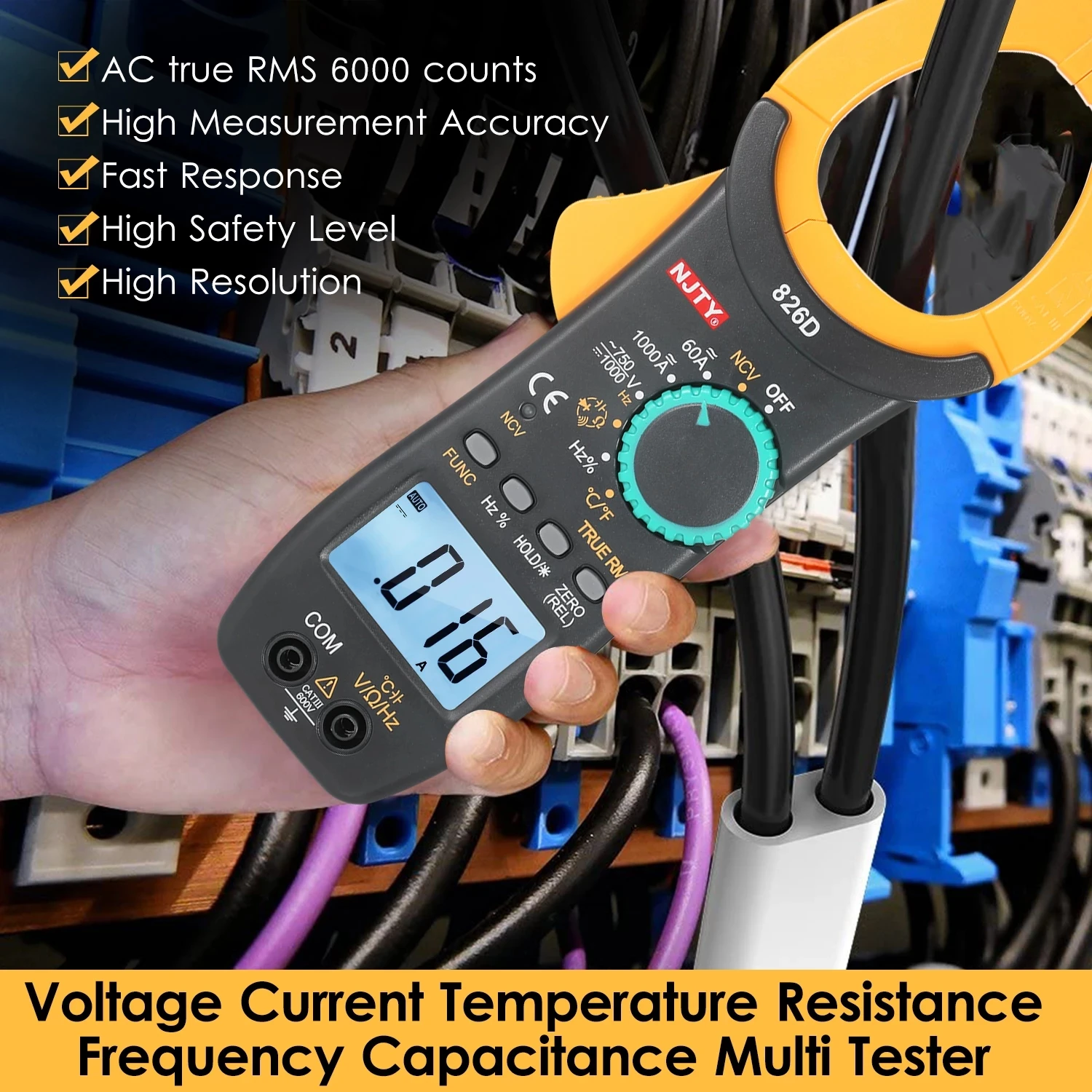 NJTY Digital Clamp Meter DC/AC Current 6000 Counts Multimeter Ammeter Voltage Tester Car Amp Hz Capacitance NCV Ohm Test |