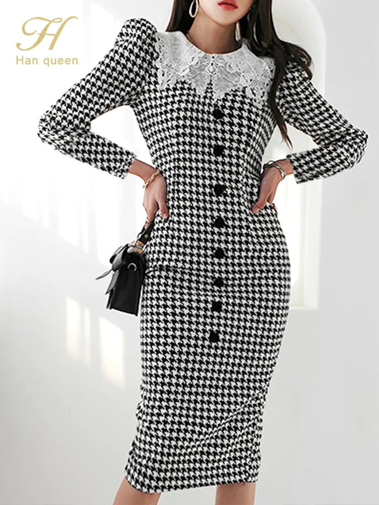 

H Han Queen Autumn Winter Dresses Women French Houndstooth Tweed Vintage Office Casual Pencil Dress Simple Chic Mid-Calf Vestido