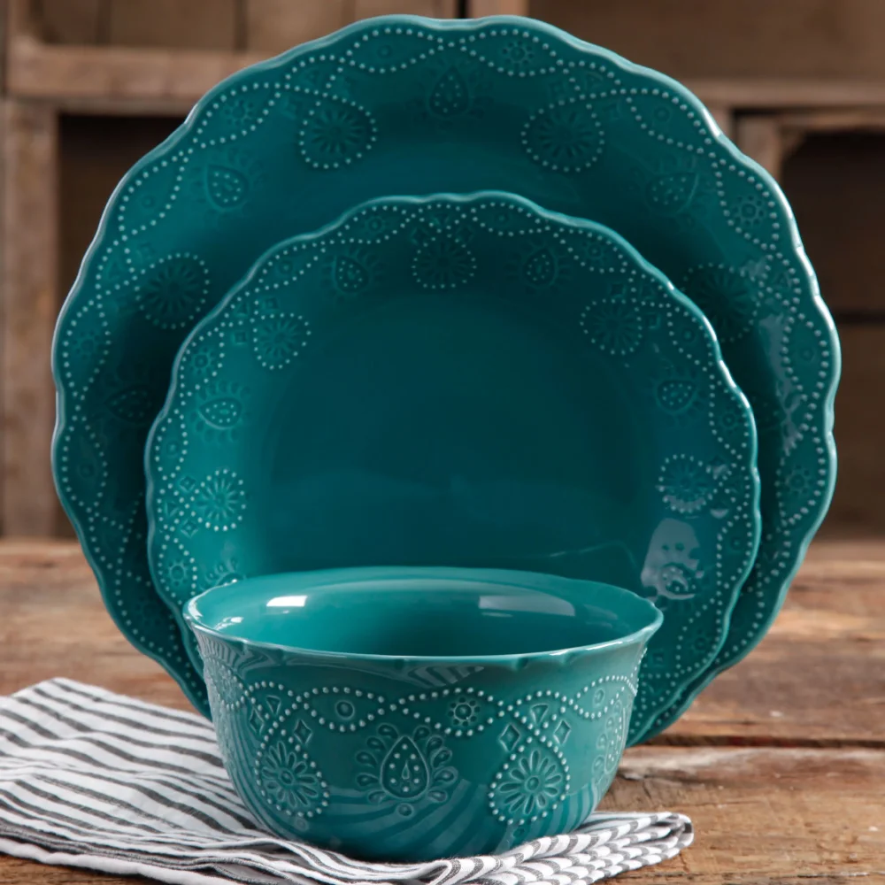 

The Pioneer Woman Cowgirl Lace 12-Piece Dinnerware Set, Teal