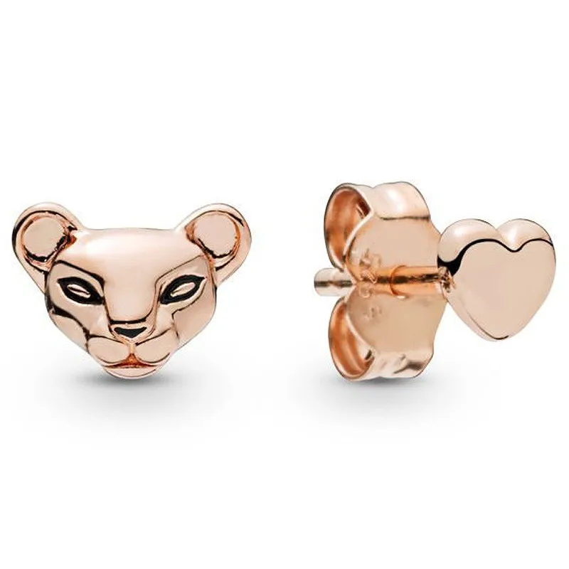 

Authentic 925 Sterling Silver Sparkling Rose Lioness And Heart With Black Enamel Stud Earrings For Women Wedding Fashion Jewelry