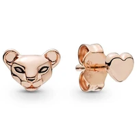 authentic 925 sterling silver sparkling rose lioness and heart with black enamel stud earrings for women wedding fashion jewelry