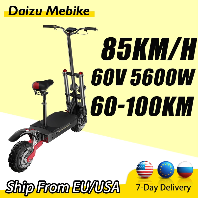 

85KM/H High Speed Electric Scooter 5600W Powerful 11inch Off Road Tire Dual Drive Electric Scooter Adult Max Mileage 100km Seat