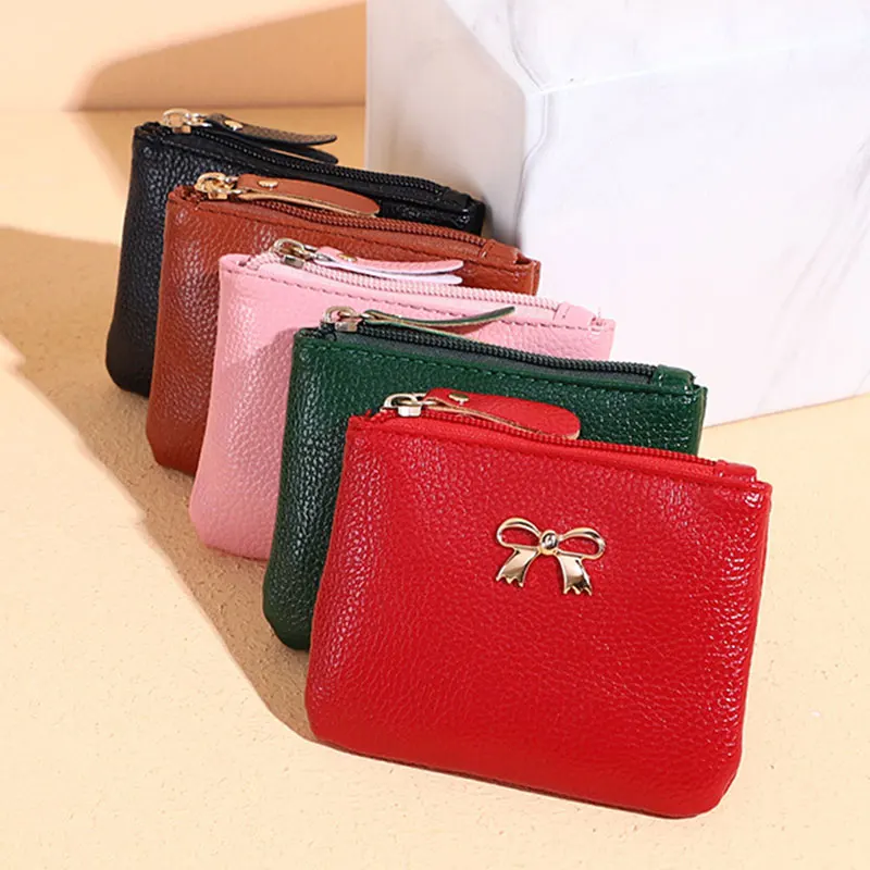 

Solid Color Simple Coin Purse Wallet Litchi Pattern Zipper Coin Purse Card Holders Soft Leather Small Money Bag Card Pouch